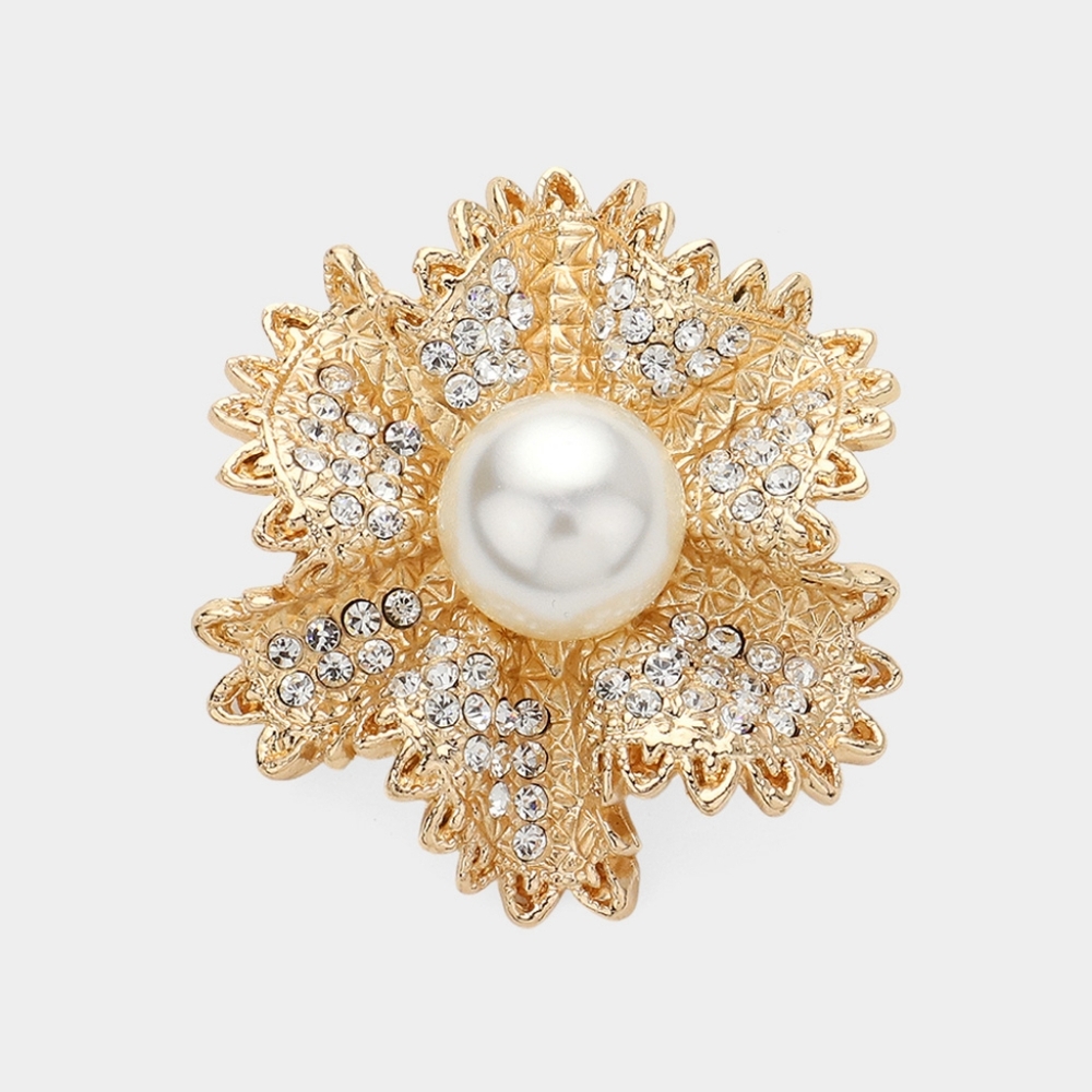 Gold Flower Pearl Rhinestone Crystal 1.75 Inch Brooch Pin Accessory